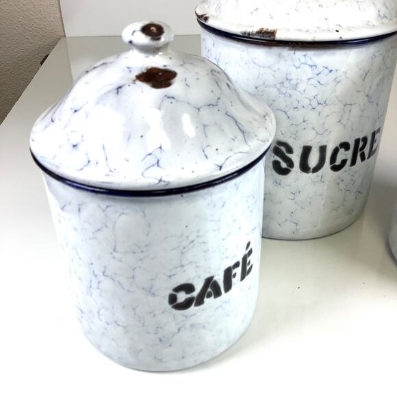 Vintage French Enamel Graniteware Canister Set of 3 Farmhouse Enamelware 1920/30 - Picture 3 of 8